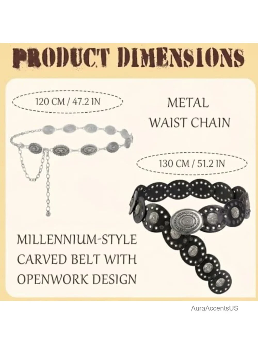 2 Pcs Boho Belt Set - Leather Belt & Waist Chain, Adjustable, Faux Leather,